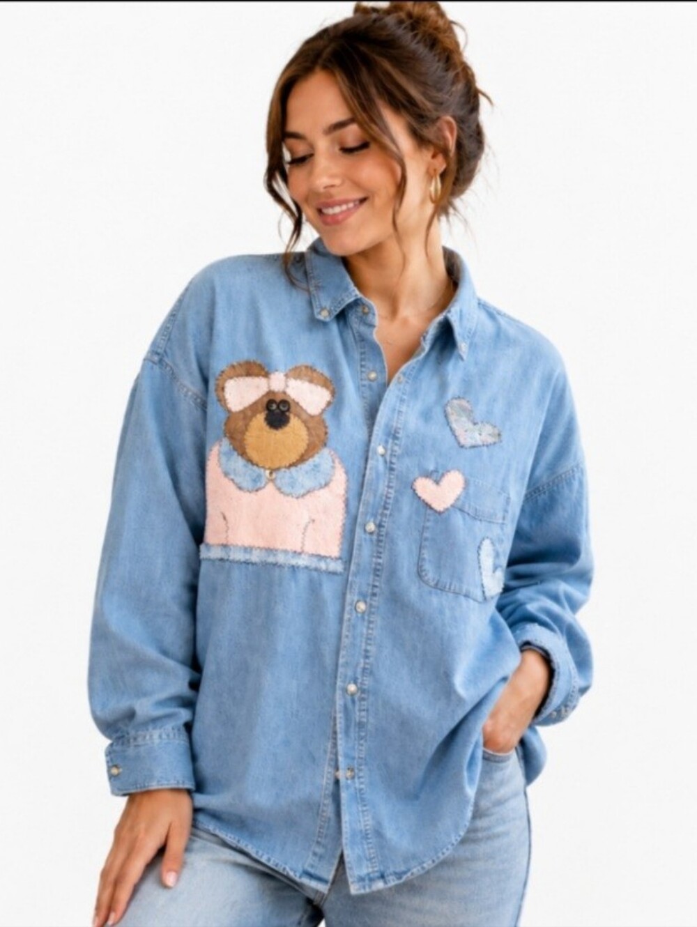 Vintage Jerzees Teddy Bear Applique Denim Shirt XL 100% Cotton Cottagecore Y2K